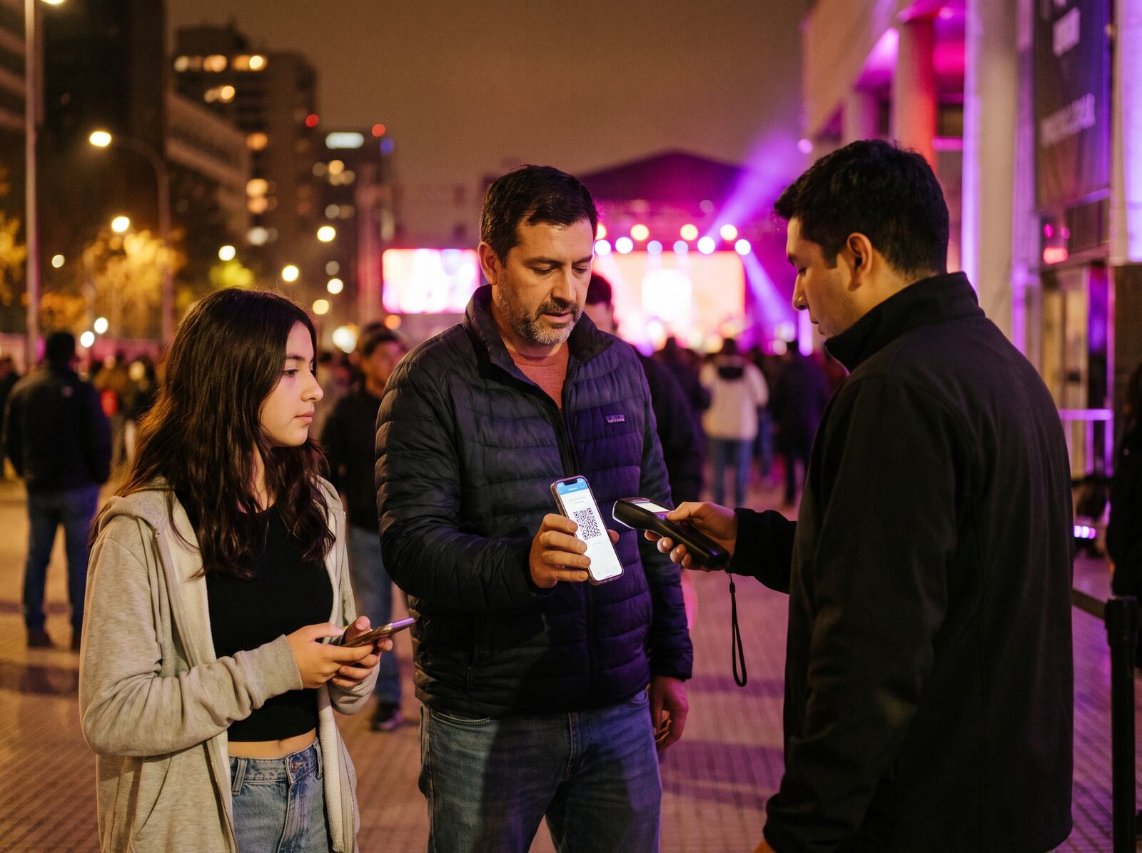 Familia mostrando el QR del teléfono a una trabajadora del recinto