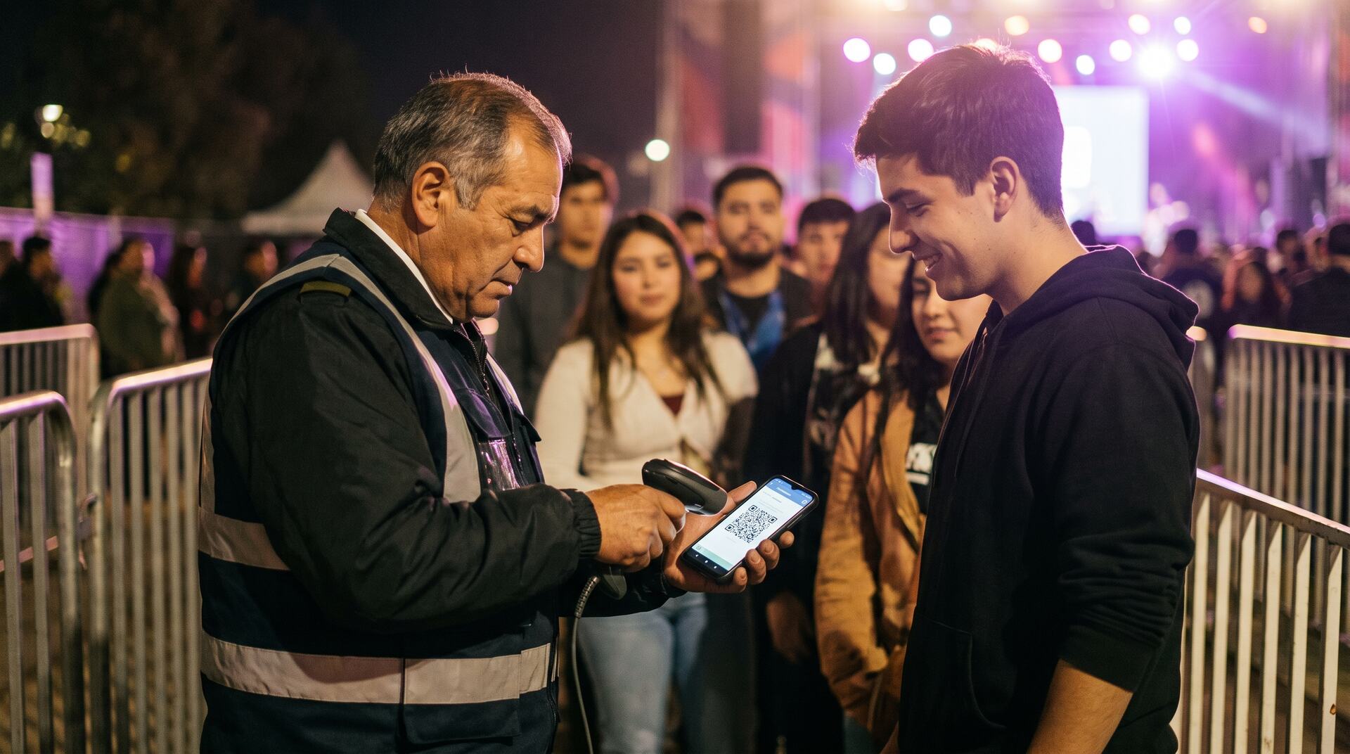 Un guardia escanea con un lector el código QR que un joven muestra en su teléfono, en la entrada de un evento