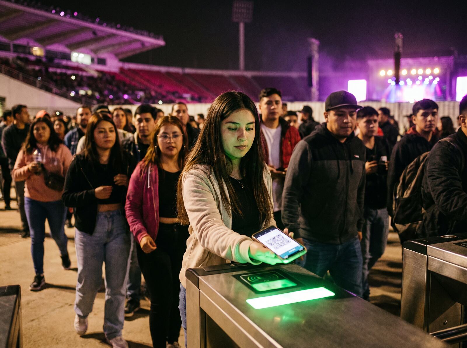 Persona validando el QR de su teléfono en un torniquete