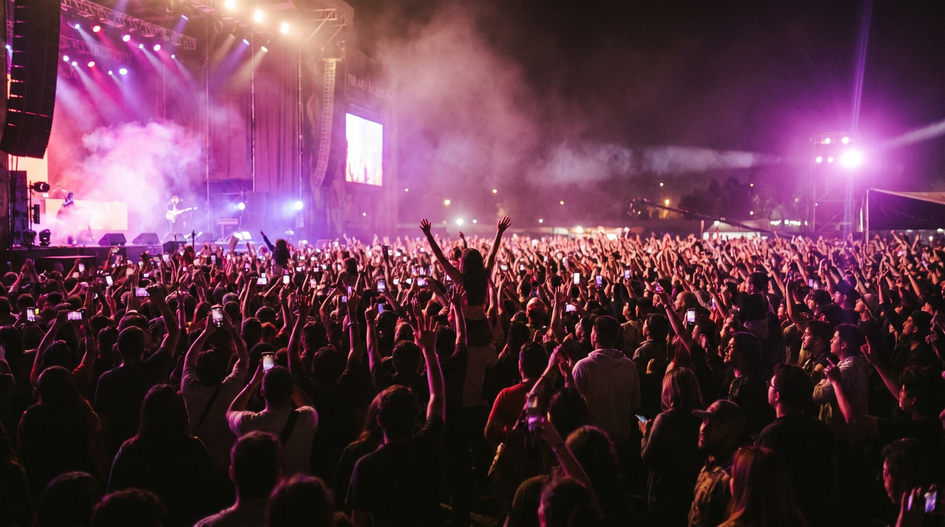 Público en un concierto masivo de noche con luces violetas