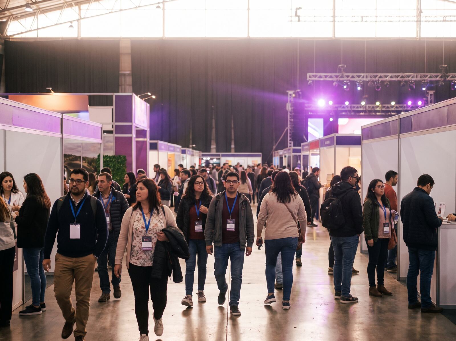 Pasillos de una feria con público y credenciales