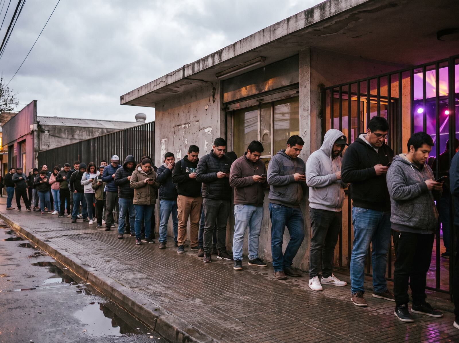 Fila larga de personas esperando frente a una boletería