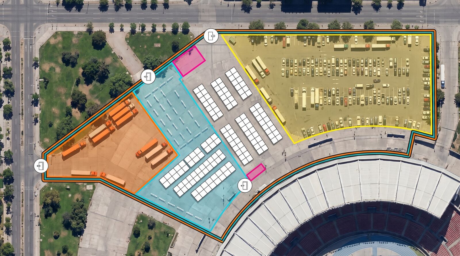 Acercamiento a la explanada de un estadio con filas de toldos de a cinco, zona de carga y descarga con camiones y canalización del público
