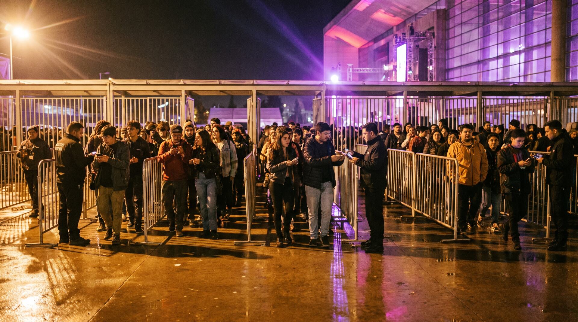 Entrada de un recinto de noche con varias filas de acceso
