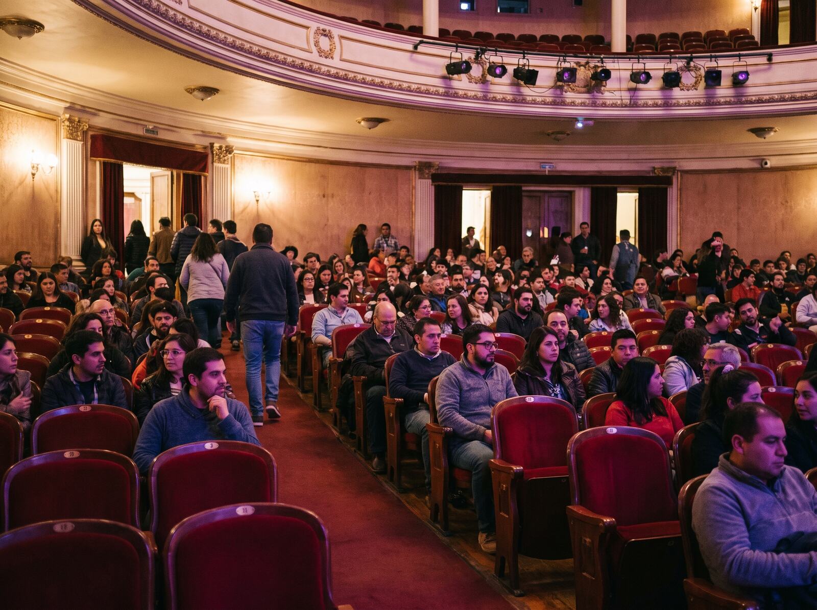 Sala de teatro con butacas numeradas y público entrando